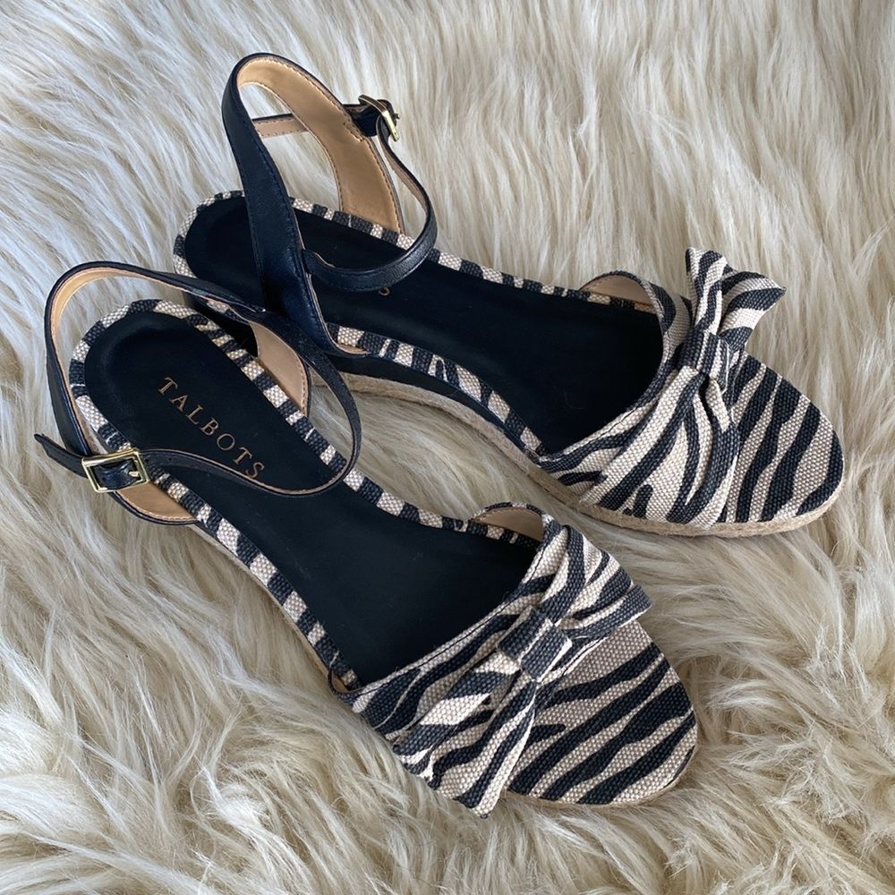 Talbots Linen Black White Zebra Pattern Espadrille Wedges Sandal sz 8 Vacation